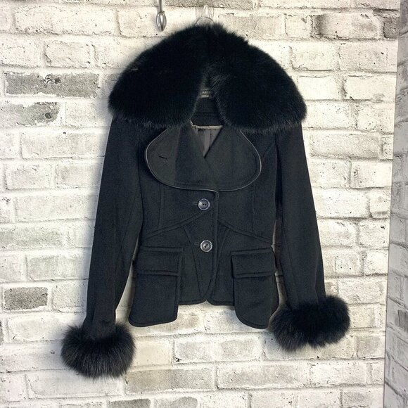 Rudsak Black Wool Genuine Fur Detachable Collar Cuff Cropped Jacket - Picture 1 of 16